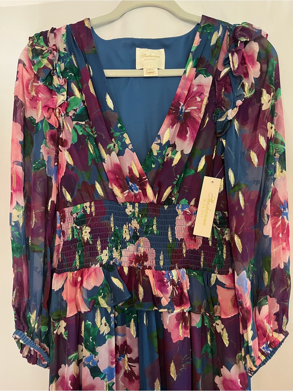 Shoshanna midnight floral lurex trim long sleeve maxi dress NWT SZ 6 formal - Picture 4 of 10